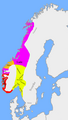 División del reino c. 930 d.C., pequeños reinos asignados a los hijos y parientes de Harald (amarillo), el gobierno directo de Harald (rojo), jarls de Lade (púrpura), jarls de Møre (naranja)
