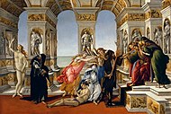 桑德羅·波提切利的《誹謗（英语：Calumny of Apelles (Botticelli)）》，62 × 91 cm，約繪於1495年，1773年始藏[49]