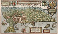 Isla Terceira (grabado de Jan Huygen van Linschoten, 1595) en el centro está Angra Como y monte Brasil.