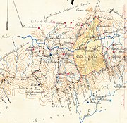 Tourém e o Couto no mapa de José de Castro López sobre A Raia (1863). Apré­ciase a «estrada neutral» ou camiño privilexiado.