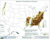 Map of the United States showing what percentage of the soil in a given area is classified as an Ultisol-type soil. The great majority of the land area classified in the highest category (75%-or-greater Ultisol) lies in the South and overlays with the Piedmont of the United States, which runs as a diagonal line through the South from southeast (in Alabama) to northwest (up through Virginia, and even into parts of Maryland).