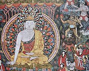 Representasi tombak api yang paling awal diketahui (kanan atas), Dunhuang, 950 M.[14]