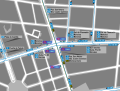 Mapa zonal de la estación de Iglesia con los accesos al Metro y los recorridos de los autobuses de la EMT que pasan por ella, entre los que se encuentra la línea 5.