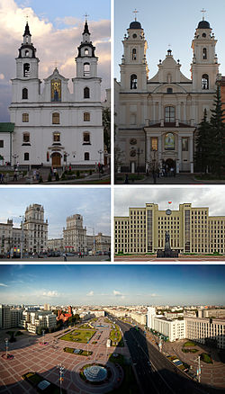 Acima, da esquerda para a direita: Catedral do Espírito Santo e Catedral de Santa Virgem Maria No meio: Portão de Minsk, na Praça da Estação e Casa de Governo da República da Bielorrússia Abaixo: Panorama da Praça da Independência.