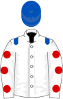 White, royal blue epaulettes, white sleeves, red spots, royal blue cap