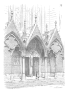 Reconstrucción del aspecto original del pórtico de la iglesia de San Nicasio de Reims (fue destruida en la Revolución y se reconstruyó en el siglo XX). Base Merimée, fuente citada en Église Saint-Nicaise de Reims).