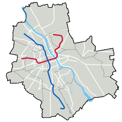 Mapa konturowa Warszawy, na dole znajduje się punkt z opisem „STP Kabaty”