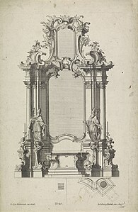 Rococo reinterpretation of the Composite order of an altar design with bishops, with more curvy and sinuous S-shaped acanthuses, by Franz Xaver Habermann, 1740-1745, etching on paper, Rijksmuseum, Amsterdam, the Netherlands