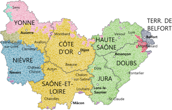 La nueva región de Borgoña-Franco-Condado (2016), con sus ocho departamentos, coloreados según las provincias históricas que existieron hasta 1790 (Borgoña, en ocre, Franche-Comté, en verde, y Nivernés, en azul)