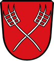 Gemeinde Gabelbach In Rot zwei gekreuzte silberne Heugabeln.