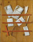 Edward Collier, Zeitungen, Briefe und Schreib­werk­zeuge auf einer Holz­tafel, um 1699