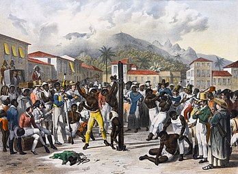 Lithographie de Johann Moritz Rugendas représentant la punition publique d'un esclave, au Brésil, vers 1830. (définition réelle 52 360 × 3 840)