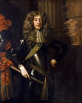 Formal three quarter length portrait of James aged about thirty. He has a long face with large cleft chin and red lips. He has long blonde hair and poses in black armour, with a brocade sash and lace cravate and clasped a baton in his right-hand.