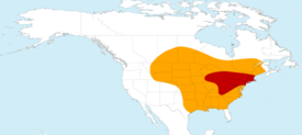 Muuttokyyhkyn entinen levinneisyys, pesimäalue punaisella ja talvehtimisalue oranssilla