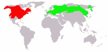 Razširjenost (z rdečo označena domovina, z zeleno območje razširjenosti danes. Južna Amerika ni prikazana.)