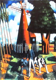 peinture aux couleurs vives d'un homme vu de face avec deux chiens à ses côtés et un édifice rouge de forme conique en arrière-plan