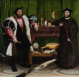 Os Embaixadores (1533), quadro de Hans Holbein, o Jovem (1497–1543), com os retratos de Jean de Dinteville, embaixador da França na corte de Henrique VIII da Inglaterra, e de Georges de Selve, bispo de Lavaur. A pintura é famosa por incluir, no primeiro plano inferior, o anamorfismo de um crânio humano que se torna visível em um ângulo muito raso, do canto inferior direito ao canto inferior esquerdo. (definição 30 000 × 29 560)