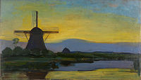 The Oostzijdse Molen by night label QS:Len,"The Oostzijdse Molen by night" label QS:Lpl,"Wiatrak Oostzijdse nocą" label QS:Lnl,"De Oostzijdse molen bij avond" 1907-1908. oil on canvas medium QS:P186,Q296955;P186,Q12321255,P518,Q861259 . 67.5 × 117.5 cm. The Hague, Gemeentemuseum Den Haag.