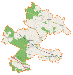 Mapa konturowa gminy Dąbrowa, po prawej nieco u góry znajduje się punkt z opisem „Żelazna”