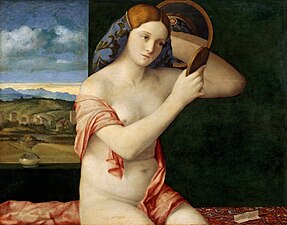 Image d'une peinture montrant dans une pièce, où une fenêtre lumineuse s'ouvre sur le paysage, une femme nue se coiffant dans le miroir. Un autre miroir se trouve derrière elle montre une vue de la résille damassée qui tient ses cheveux.