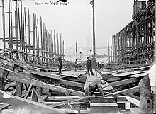 A shipyard where construction is beginning on a large ship