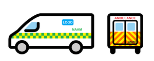 Ambulances in het niet-dringend ziekenvervoer: (1) witte basiskleur (2) groen-geel battenburgpatroon op de zijkanten (3) naam en eventueel logo van de dienst op de zijkanten (4) oranje-geel visgraatpatroon op de achterkant (5) aanduiding "AMBULANCE" en eventueel telefoonnummer van de dienst op voor- en achterkant (6) uniek vijfcijferig identificatienummer op de achterkant