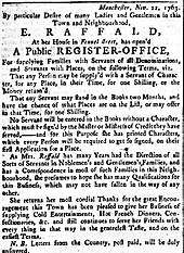 Advert for Raffald's register office for servants and their potential employers
