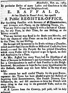 Advert for Raffald's register office for servants and their potential employers