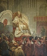 Paus Pius VIII in vol ornaat (met tiara), gezeten op de sedia gestatoria (draagstoel).