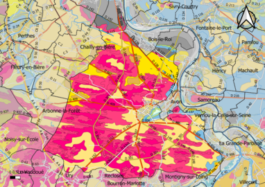 Carte montrant en couleurs le zonage géologique simplifié d'une commune