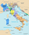 Området som etterhvert ble Italia, i 1796. Piemonte-Sardinia i blått, Østerrikes områder i grått, Pavestaten i turkis og De to sicilier i sennepsgult.