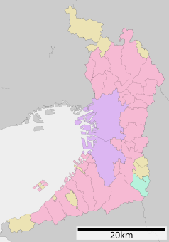 Mapa konturowa prefektury Osaka, blisko centrum u góry znajduje się punkt z opisem „Toyonaka”