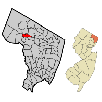 Location of Waldwick in Bergen County highlighted in red (left). Inset map: Location of Bergen County in New Jersey highlighted in orange (right).