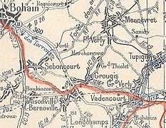 Carte de la ligne Bohain - Guise (tracé en rouge ; la gare de Seboncourt est symbolisée par un rectangle rouge).