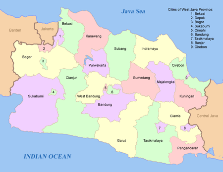 Peta wilayah kota dan kabupatén di Propinsi Jawa Kulon
