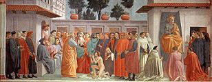 XV=La Résurrection du fils de Théophile et saint Pierre en chaire, Masaccio.