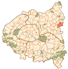 Carte de la petite couronne parisienne, avec le territoire de Montfermeil en rouge.