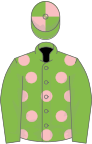 Light green, pink spots, light green sleeves, quartered cap