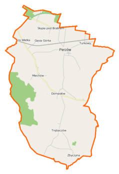 Mapa konturowa gminy Perzów, na dole znajduje się punkt z opisem „Trębaczów”