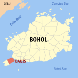 Mapa ng Bohol na nagpapakita sa lokasyon ng Dauis.