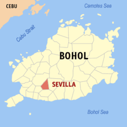 Mapa ng Bohol na nagpapakita sa lokasyon ng Sevilla.