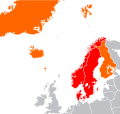 Нордичні країни (помаранчевий і червоний) та скандинавські монархії (червоний)