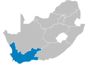 Kart over Wes-Kaap (afrikaans) iNtshona-Koloni (xhosa) Western Cape (engelsk)