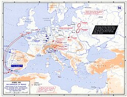 Kartskisse som viser de franske styrkenes konsentrasjon i Vest-Europa. De østerrikske styrkene er samlet i Sentraleuropa og de russiske styrkene er på vei vestover fra Øst-Europa.