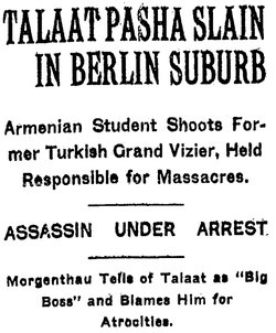 Talat Paša zavražděn na berlínském předměstí (New York Times, 16. března 1921)