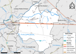 Carte en couleur présentant le réseau hydrographique de la commune