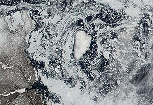 Satellitenbild der Ungava Bay im Juni mit Akpatok Island