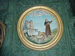Locronan : église Saint-Ronan, chaire à prêcher, un des médaillons illustrant la vie de saint Ronan 3