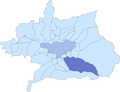 Location o Monachil (in daurk blue) relative tae the Vega de Granada; The ceety o Granada is shown in lichter blue.