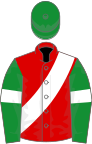 Red, white sash, green sleeves, white armlets, green cap